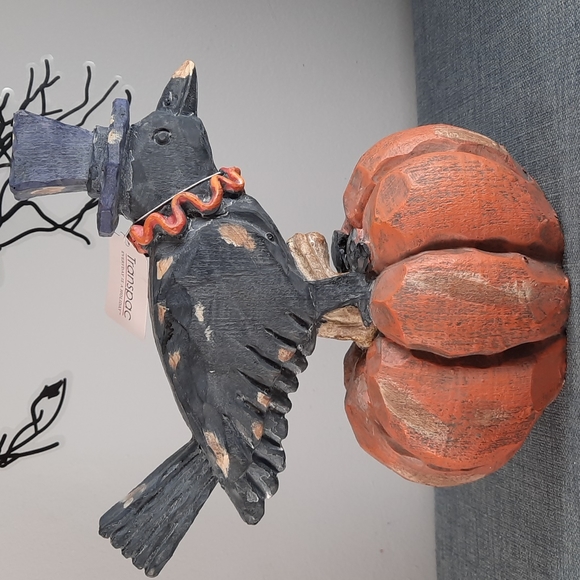 Halloween Crow Jack O' Lantern Light Up Figure Decoration Rustic Wood Look - Picture 4 of 8